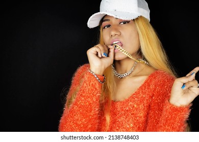 Cool Attitude Woman With Gold Chain Necklace Over Dark Background , Hip Hop Look 