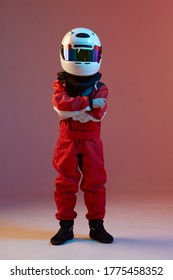 Cool Boy Child Racer In Helmet, Racing Suit, Standing In Neon Light. Kart Racing School Poster. Competition Announcement