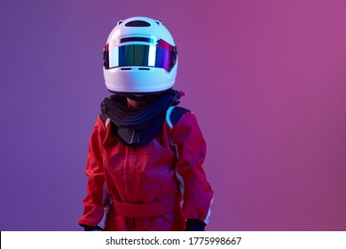 Cool Boy Child Racer In Helmet, Racing Suit, Standing In Neon Light. Kart Racing School Poster. Competition Announcement