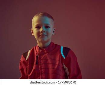 Cool Boy Child Racer In Racing Suit, Standing In Neon Light. Kart Racing School Poster. Competition Announcement