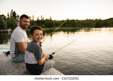 Cool Dad And Son Fishing On Lake