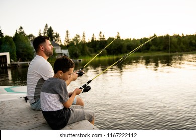 Cool Dad And Son Fishing On Lake