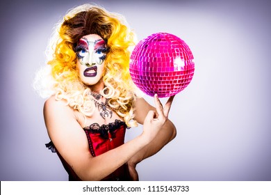 Cool Drag Queen With Spectacular Makeup, Glamorous Stylish Look, Posing With   Proud And  Style For Lgtb Equality Gay Rights With Disco Ball