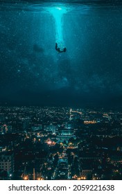 A cool edit of a person sinking into the water covering Yerevan at night in Armenia