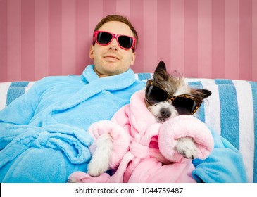 cool funny couple of   poodle dog  and owner  both resting and relaxing in   spa wellness salon center ,wearing a  bathrobe and fancy sunglasses,