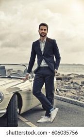 Cool Guy With Sports Car On Road, Portrait