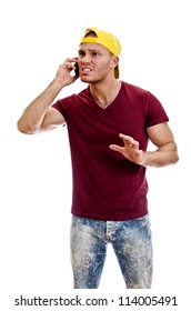 Cool Handsome Guy Talking On The Mobile Phone. Isolated On White