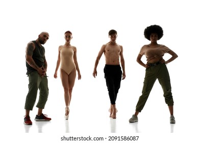 Cool Hip Hop Dance Couple And Beautiful Classical Elegant Ballet Couple. Concept Of Diversity Dancing Styles. Idea Of Choreography. People Isolated On White Background In Studio