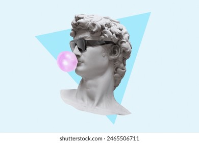 Cool hipster statue bust with fashion sunglasses blows a bubble gum on a blue triangle background with a yellow. Creative idea and modern art. Marketing, concept