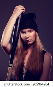 Cool Hot Fashionable Woman Bandit Dressed In Hat With Baseball Bat