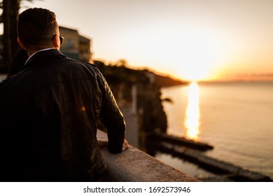 Cool Man In Black Lather Jacket At Sunset 