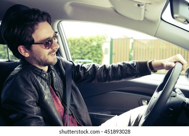 Cool Man Driving Car Vintage Style