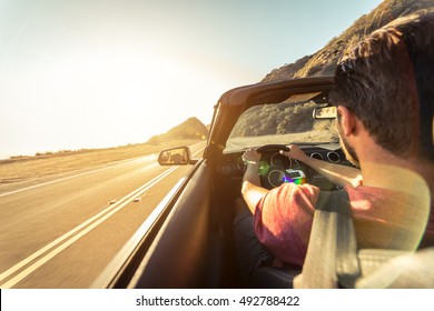 Cool Man Driving A Sport Convertible Car In California