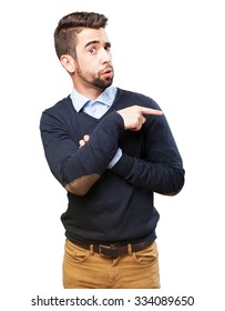 cool man pointing to the copyspace