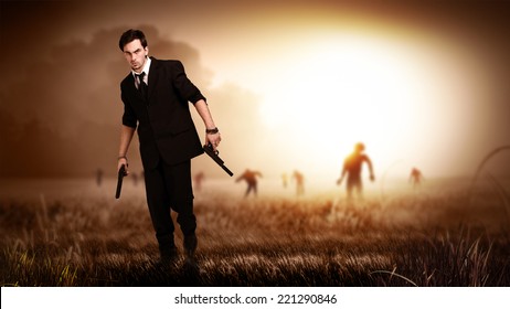 cool man in a suit holding guns, standing on a field with many zombies behind him