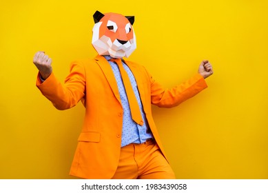 Cool Man Wearing 3d Origami Mask With Stylish Colored Clothes - Creative Concept For Advertising, Animal Head Mask Doing Funny Things On Colorful Background