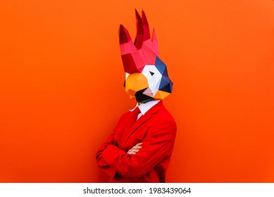 Cool Man Wearing 3d Origami Mask With Stylish Colored Clothes - Creative Concept For Advertising, Animal Head Mask Doing Funny Things On Colorful Background