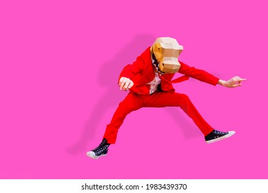 Cool Man Wearing 3d Origami Mask With Stylish Colored Clothes - Creative Concept For Advertising, Animal Head Mask Doing Funny Things On Colorful Background