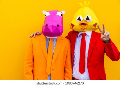 Cool Man Wearing 3d Origami Mask With Stylish Colored Clothes - Creative Concept For Advertising, Animal Head Mask Doing Funny Things On Colorful Background