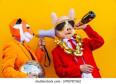 Cool Man Wearing 3d Origami Mask With Stylish Colored Clothes - Creative Concept For Advertising, Animal Head Mask Doing Funny Things On Colorful Background