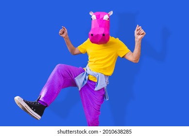 Cool Man Wearing 3d Origami Mask With Stylish Colored Clothes - Creative Concept For Advertising, Animal Head Mask Doing Funny Things On Colorful Background