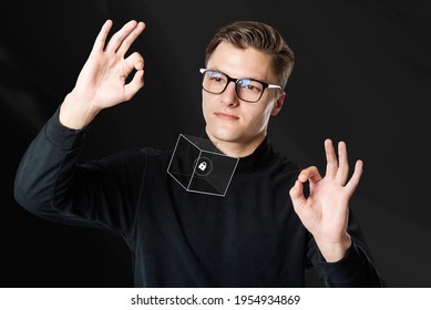 Cool Man Wearing AR Smart Glasses Futuristic Technology