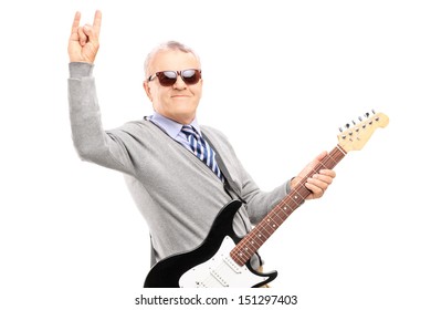 Cool middle aged man with an electric guitar, isolated on white background