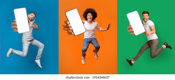 Cool Mobile Offer. Excited Jumping Guys Demonstrating Smartphones With White Screens On Colorful Backgrounds, Collage With Mockup Copy Space For Your App Or Website Design