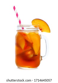 Cool Peach Iced Tea In A Mason Jar Glass Isolated On A White Background