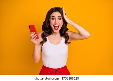 Cool. Photo of funky crazy youngster lady open mouth hold telephone read blog post comments hand on head wear casual white singlet red skirt isolated yellow color background - Shutterstock ID 1736188520