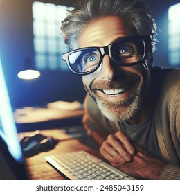 cool, quirky, white, creative male, at a computer, smiling, happy