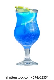 Cool refreshing blue curacao cocktail in a tall glass with orange slices and ice isolated on a white background