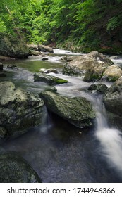 Cool river water pours over granite boulders in this springtime photo in the Blue Ridge Mountains