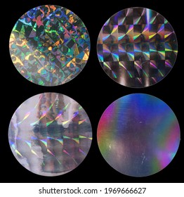 cool round metallic holo stickers on black with scratches, sticky holographic iridescent color foil tapes or snips for your design poster, sticker set.