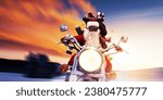 Cool Santa Claus biker riding a fast motorbike at sunset and delivering Christmas gifts