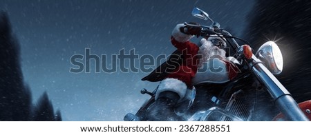 Cool Santa Claus biker riding a fast motorcycle, unconventional Christmas concept