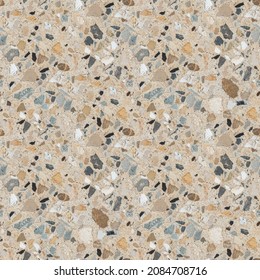 Cool seamless terrazzo composite pattern of marble-mosaic  natural concrete floor. Trendy texture for flooring and facades. Colorful hand made template with beautiful natural stones.