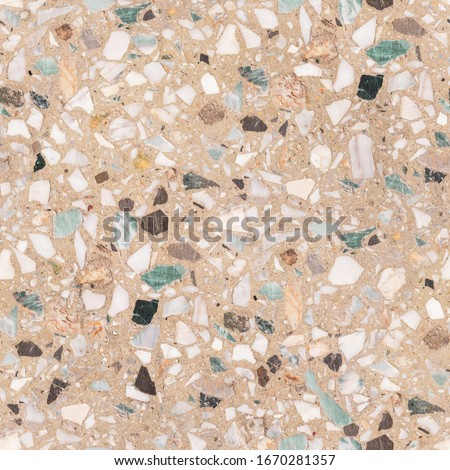 Cool seamless terrazzo pattern of marble-mosaic  natural concrete floor. Trendy texture for flooring and facades. Colorful hand made template with beautiful natural stones.