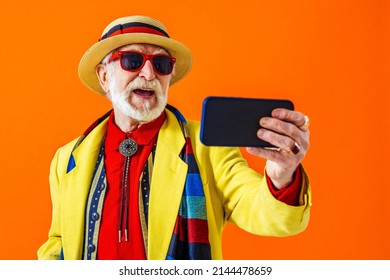 Cool Senior Man With Fashionable Clothing Style Portrait On Colored Background - Funny Old Male Pensioner With Eccentric Style Having Fun