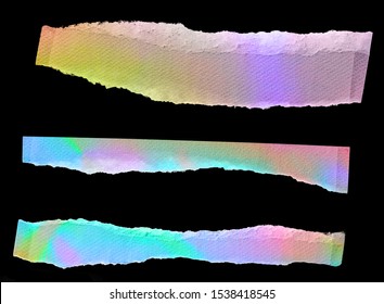 cool set of paper snips or strips on black background with ripped edges and holo neon texture