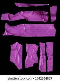 cool set of sticky crepe tape strips or snips with purple pixel grid texture for your design poster, single-sided adhesive tape isolated on black background, crumpled sticker set with ripped edges