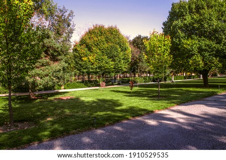  Cool shade falls from the large trees growing along the edges of the alley, in the Botanical Garden in the suburbs of Tehran on a hot autumn day