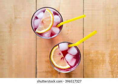 Cool Summer Drink With Lemon And Ice. Top View