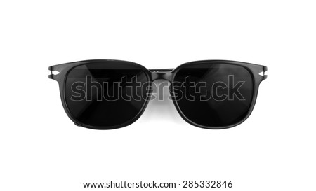 Cool sunglasses with black plastic frame isolated on white background, top view.