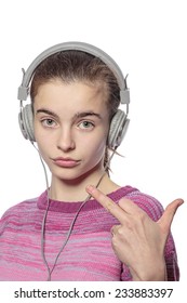 Cool Teenage Girl With Headphones Giving Middle Finger, Isolated On White