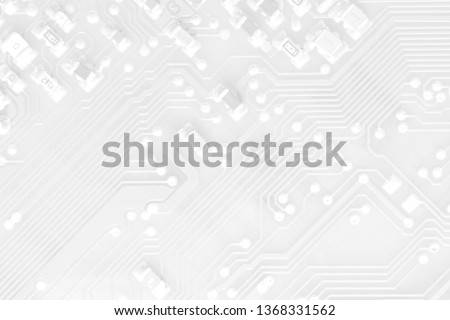 Cool white texture of printed circuit board. Electronic computer hardware technology. Tech science background. Integrated communication processor. Information engineering component. 