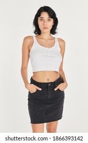 Cool Woman In A Black Skirt And A White Cropped Top Mockup