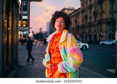 Cool Young Black Woman Afro Curly Hairstyle Posing Outdoor Staring Positive Attitude