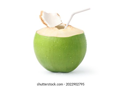 Cool young coconut juice with water droplets isolated on white background. Clipping path.