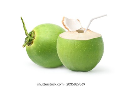 Cool  young coconut juice with water droplets isolated on white background. 